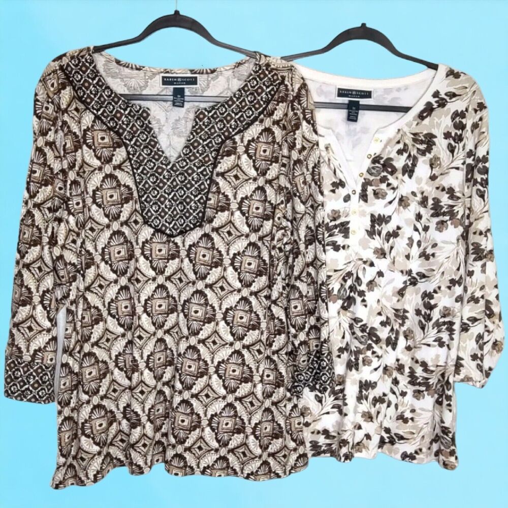 Two Karen Scott Woman Size 1X Tunic Pullover Shirts All Over Print Open Neck